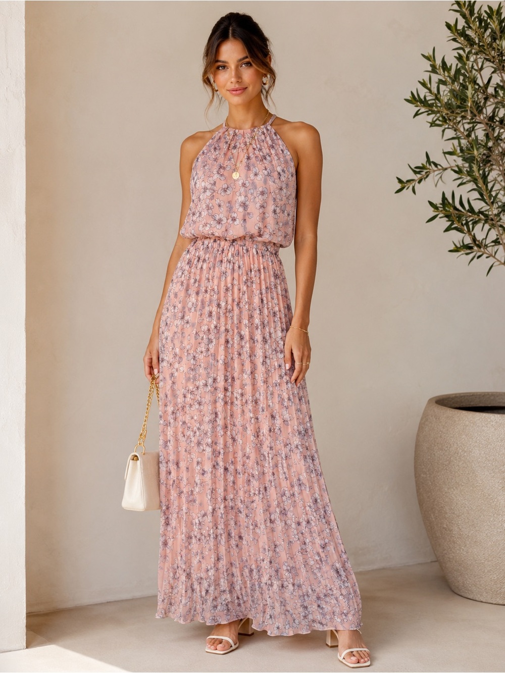 Studio One || Blush Pink Floral Halter Maxi, Pastel, Romantic Dress